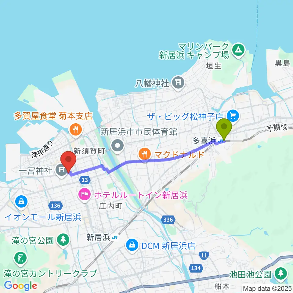 多喜浜駅から新居浜市市民文化センターへのルートマップ地図