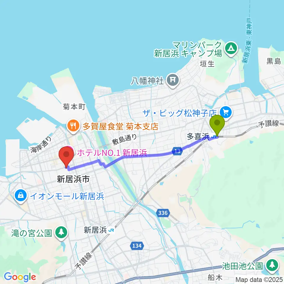 多喜浜駅から新居浜市市民文化センターへのルートマップ地図