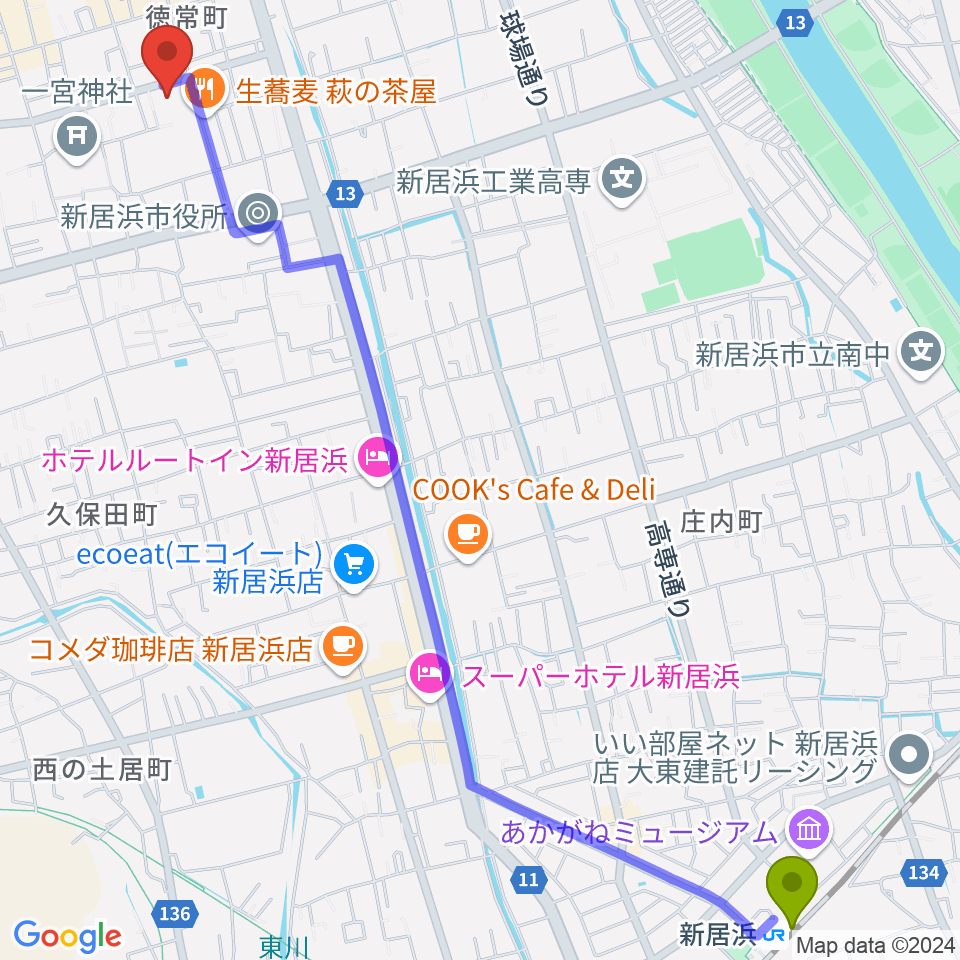 新居浜市市民文化センターの最寄駅新居浜駅からの徒歩ルート（約34分）地図