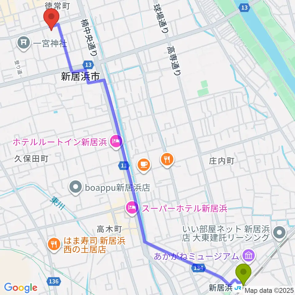 新居浜市市民文化センターの最寄駅新居浜駅からの徒歩ルート（約34分）地図