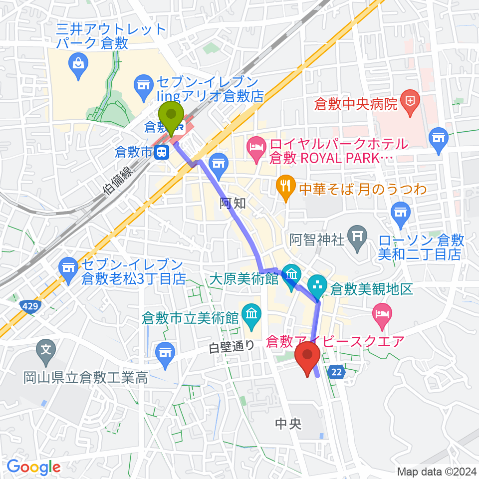 倉敷市芸文館の最寄駅倉敷駅からの徒歩ルート（約18分）地図