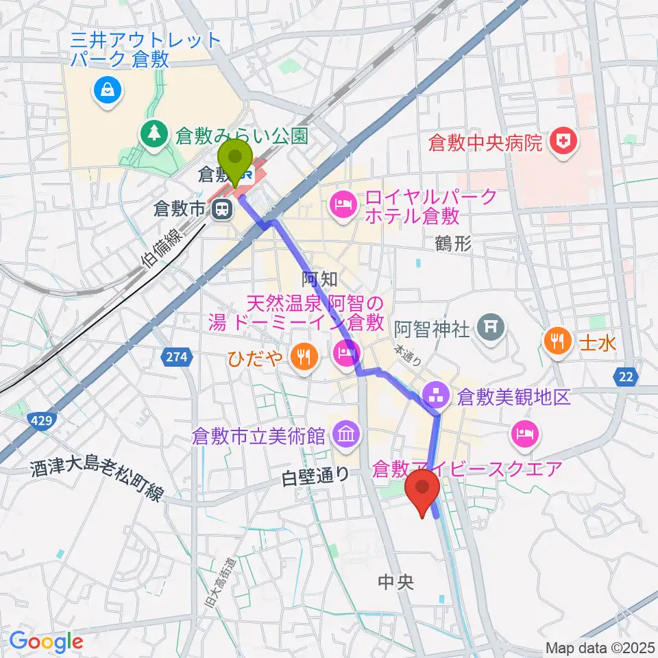 倉敷市芸文館の最寄駅倉敷駅からの徒歩ルート（約18分）地図