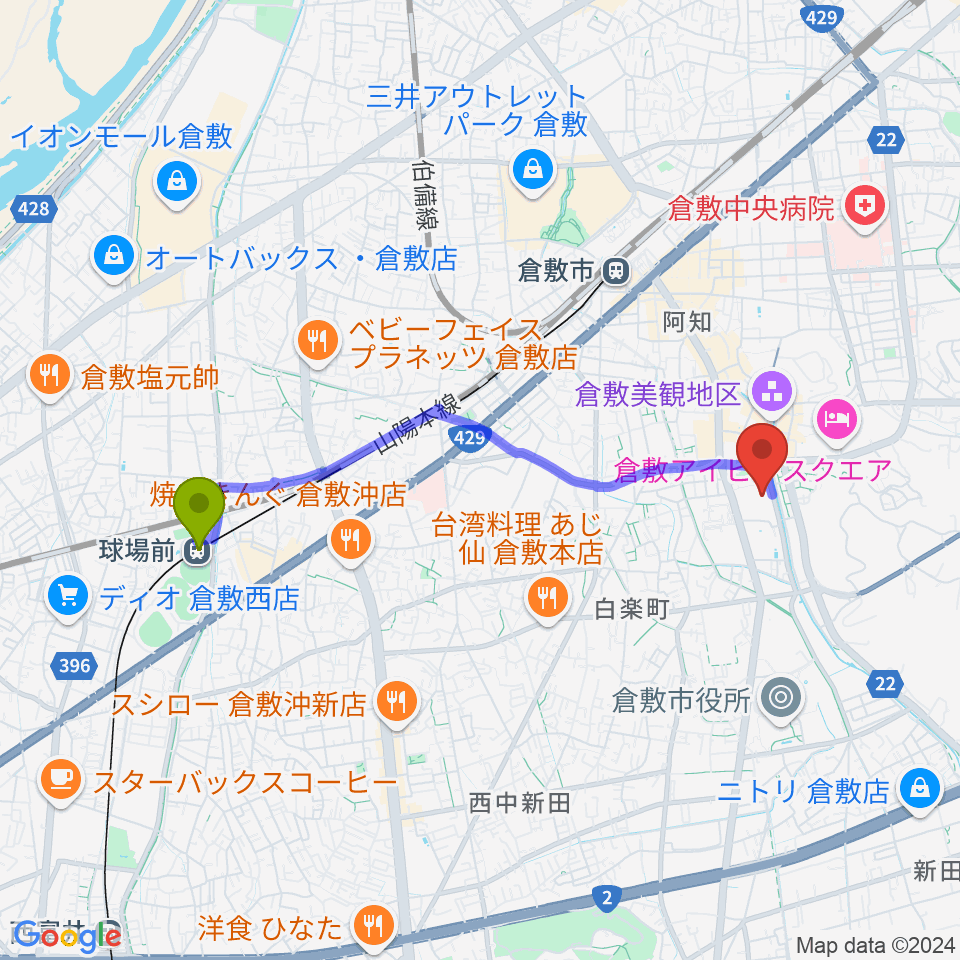 球場前駅から倉敷市芸文館へのルートマップ地図