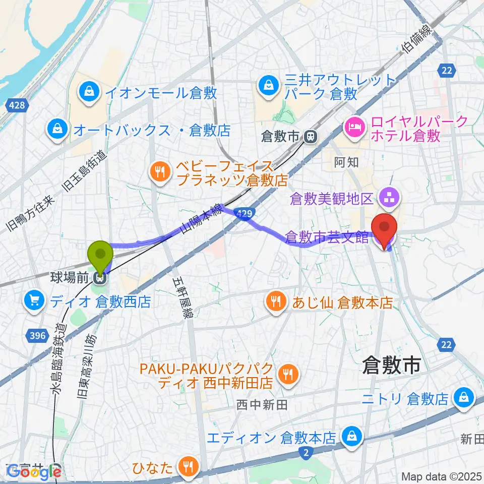 球場前駅から倉敷市芸文館へのルートマップ地図
