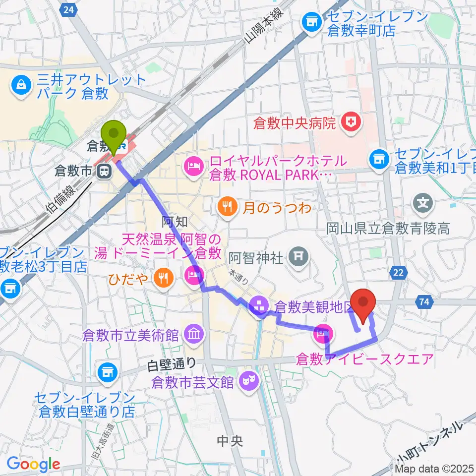 倉敷市民会館の最寄駅倉敷駅からの徒歩ルート（約20分）地図