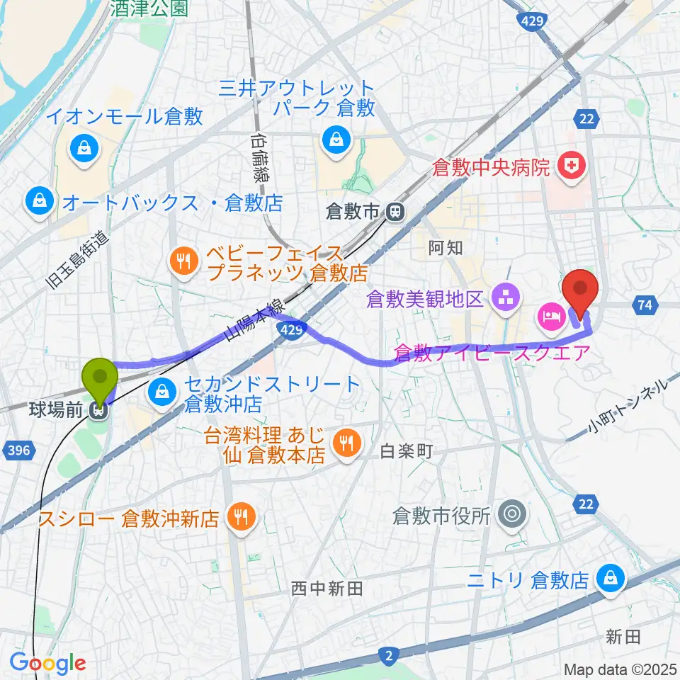 球場前駅から倉敷市民会館へのルートマップ地図