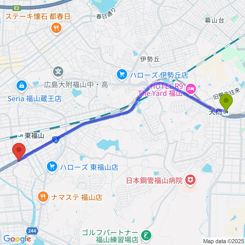 大門駅から福山MUSIC FACTORYへのルートマップ地図