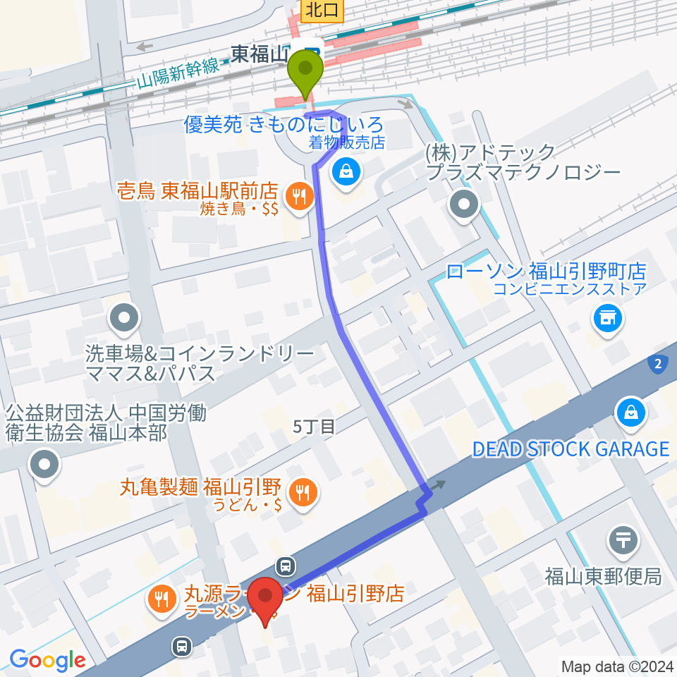 福山MUSIC FACTORYの最寄駅東福山駅からの徒歩ルート（約6分）地図