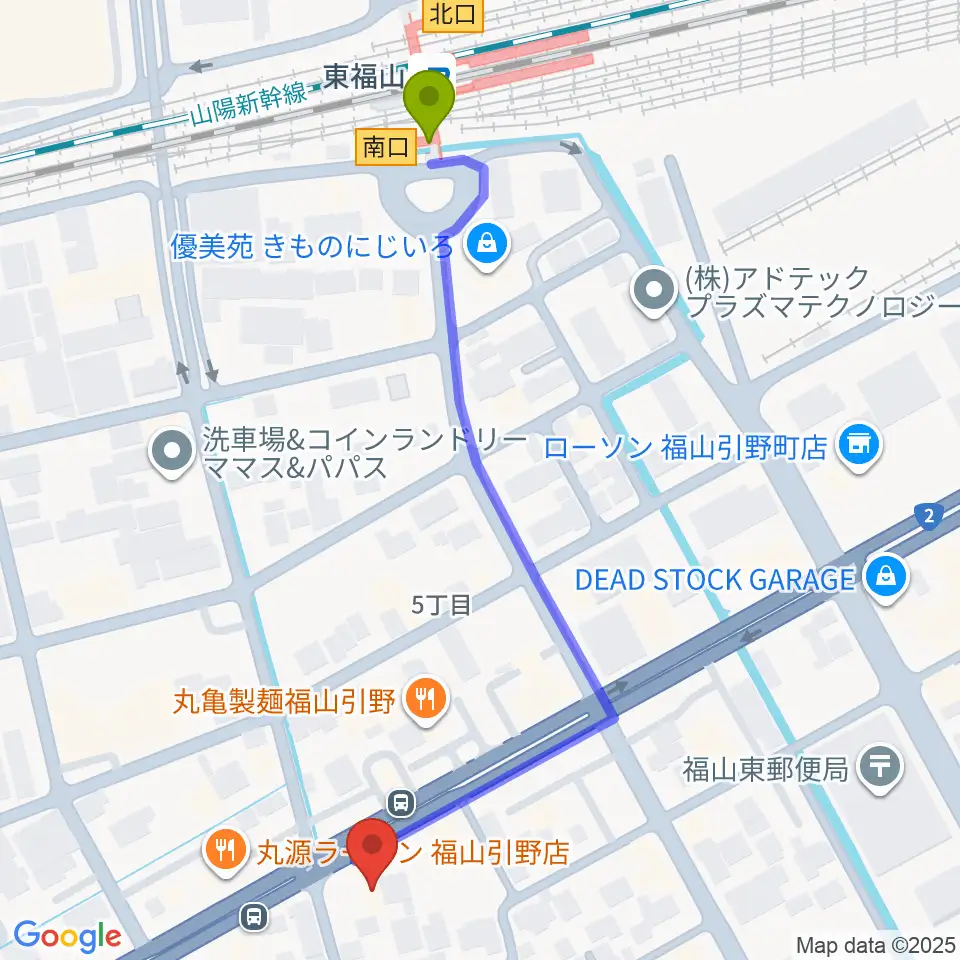 福山MUSIC FACTORYの最寄駅東福山駅からの徒歩ルート（約6分）地図
