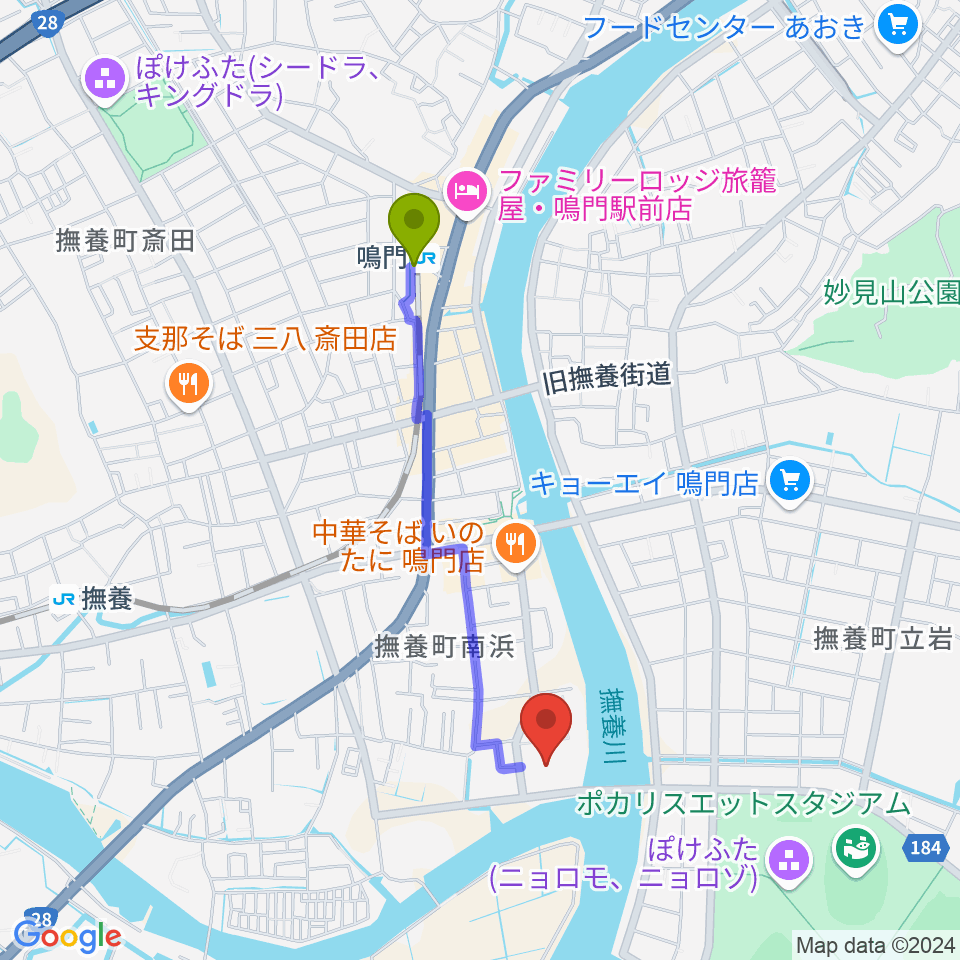 鳴門駅から鳴門市文化会館へのルートマップ地図