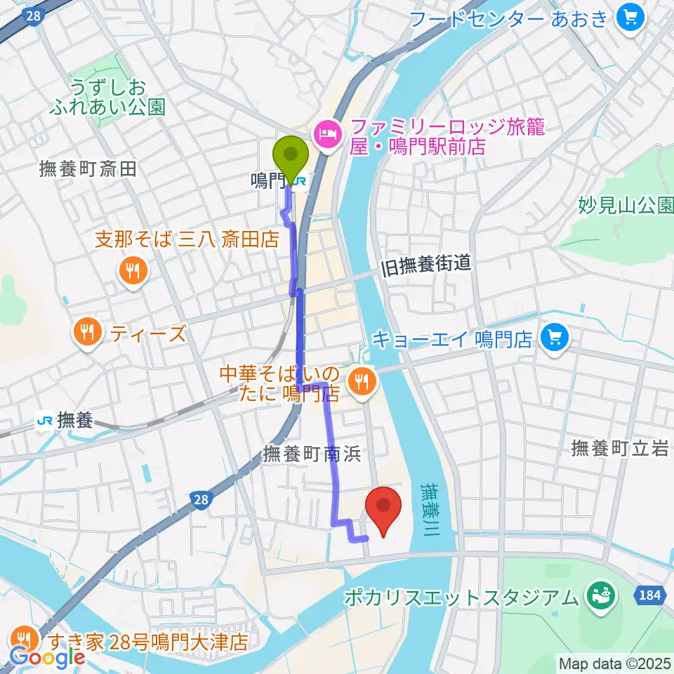 鳴門駅から鳴門市文化会館へのルートマップ地図