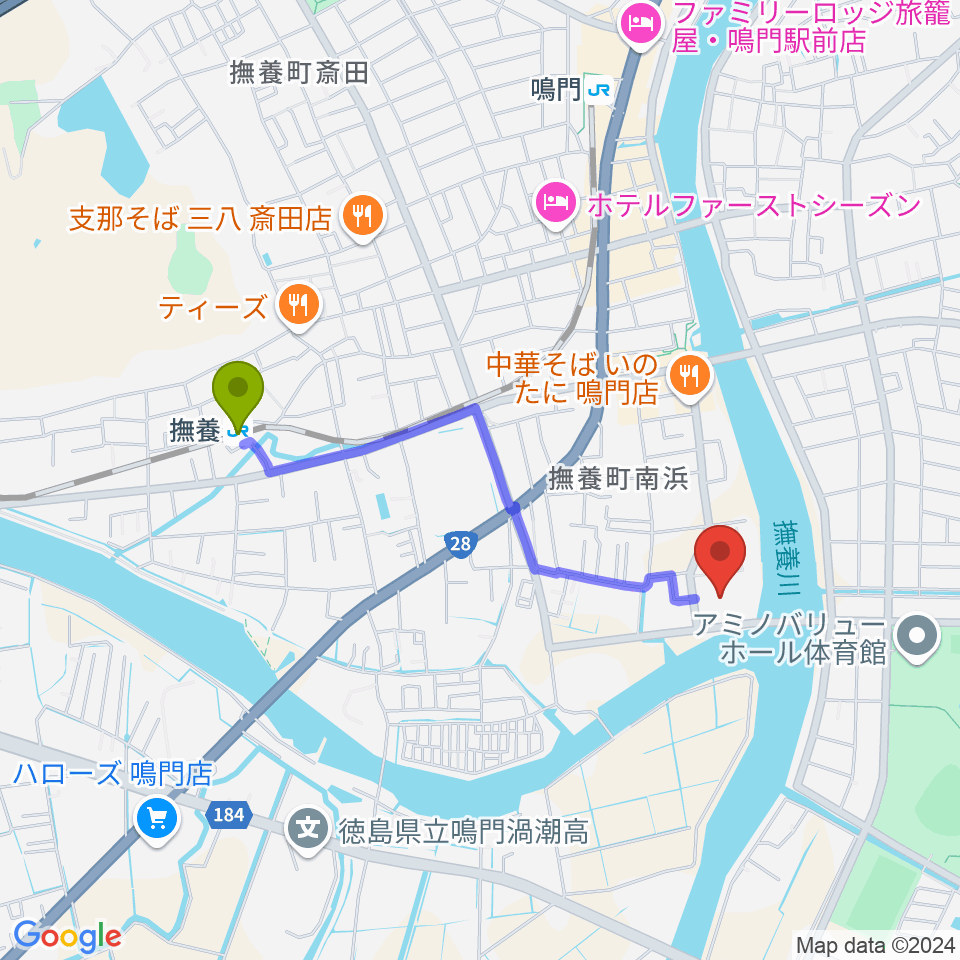 鳴門市文化会館の最寄駅撫養駅からの徒歩ルート（約17分）地図