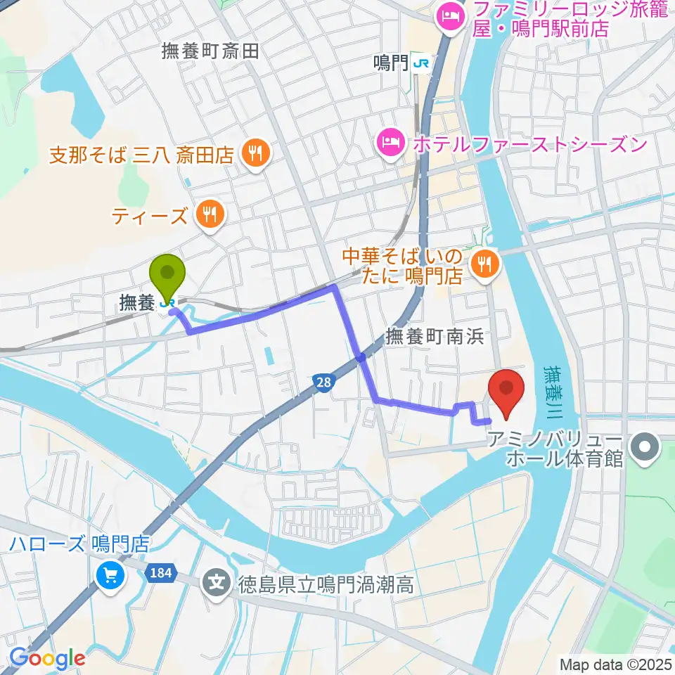 鳴門市文化会館の最寄駅撫養駅からの徒歩ルート（約17分）地図