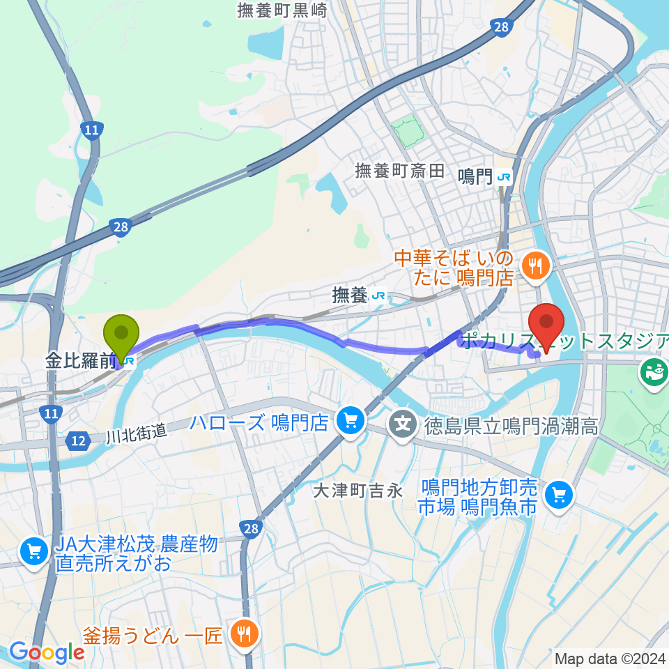 金比羅前駅から鳴門市文化会館へのルートマップ地図