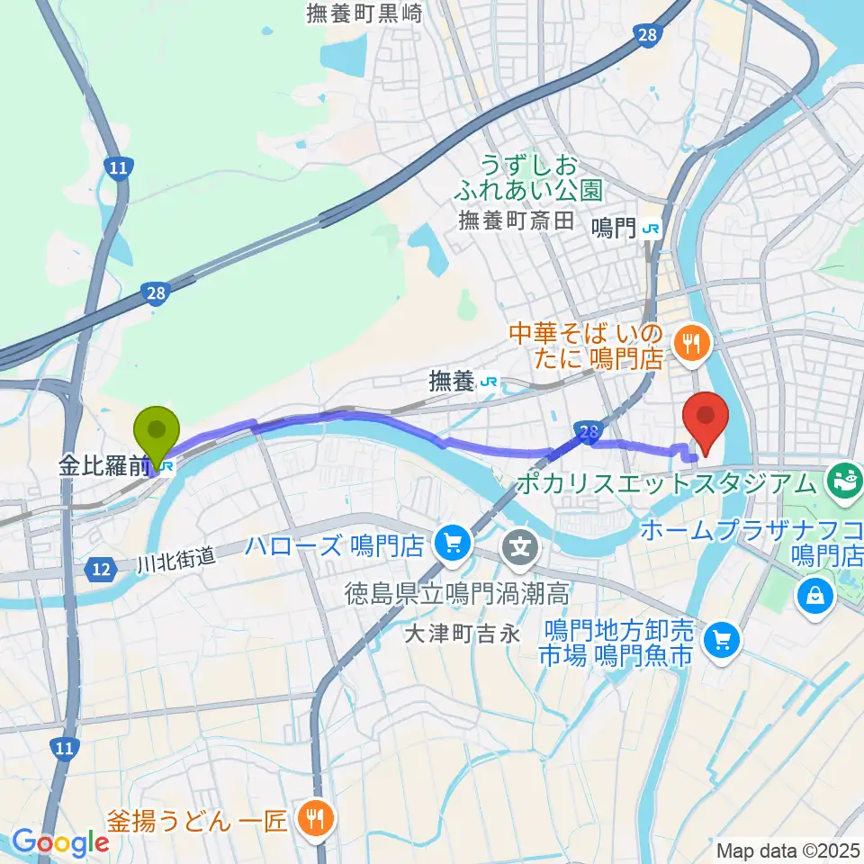 金比羅前駅から鳴門市文化会館へのルートマップ地図