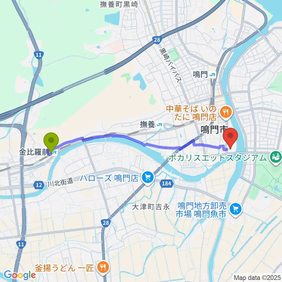 金比羅前駅から鳴門市文化会館へのルートマップ地図