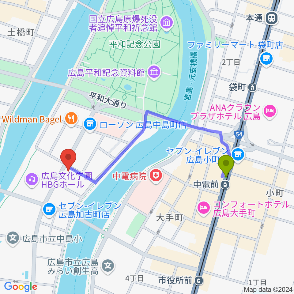 中電前駅から広島オーティスへのルートマップ地図