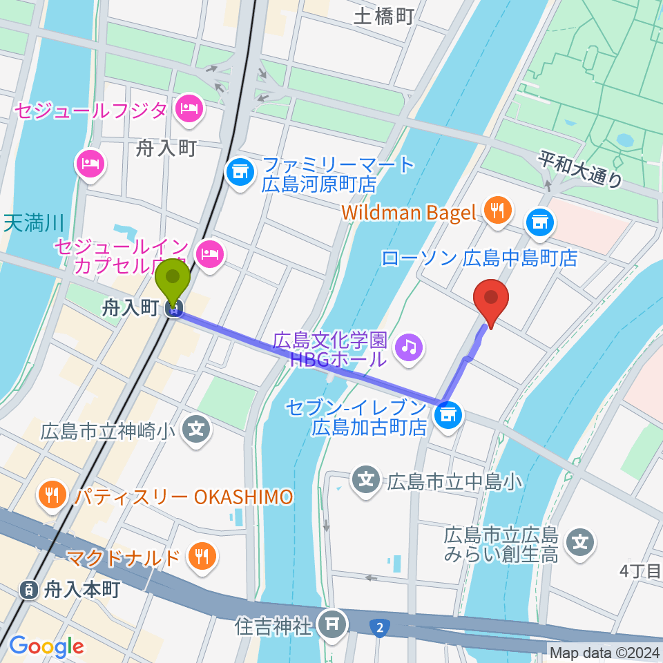 広島オーティスの最寄駅舟入町駅からの徒歩ルート（約8分）地図