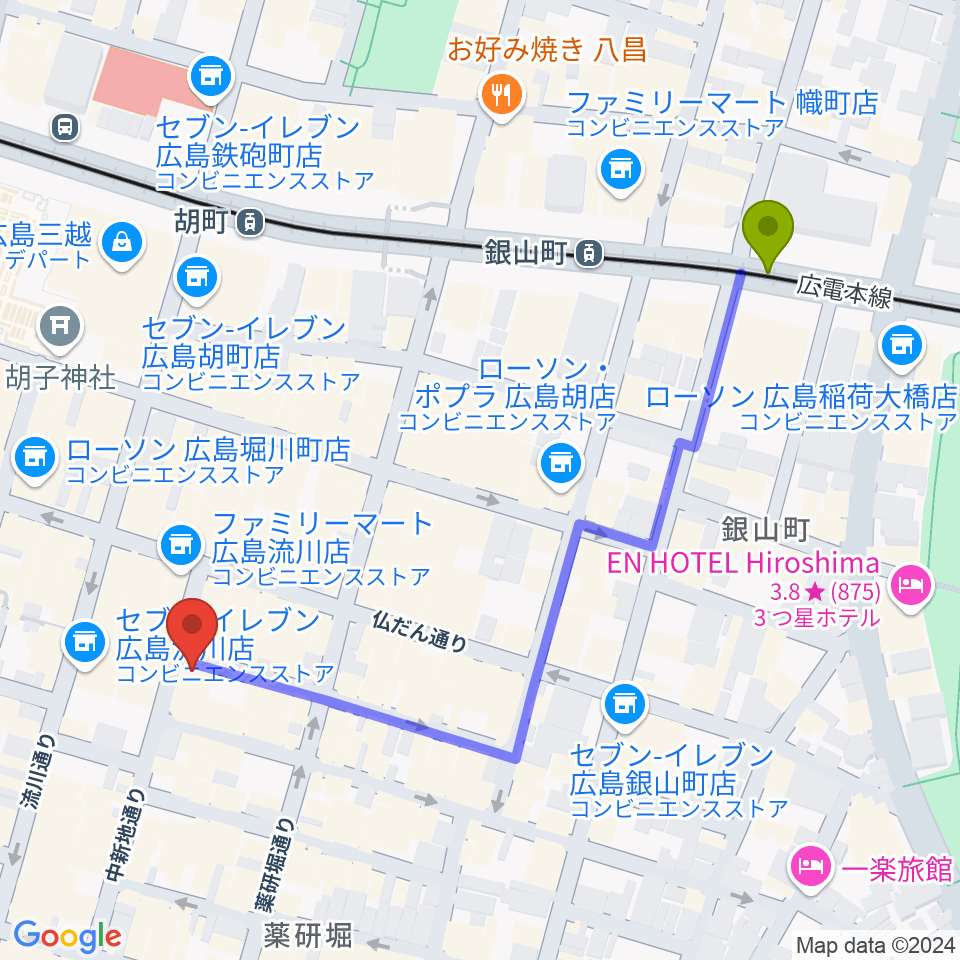 銀山町駅から広島LIVE Cafe' Jiveへのルートマップ地図