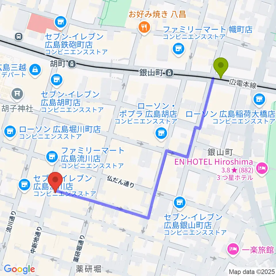 銀山町駅から広島LIVE Cafe' Jiveへのルートマップ地図