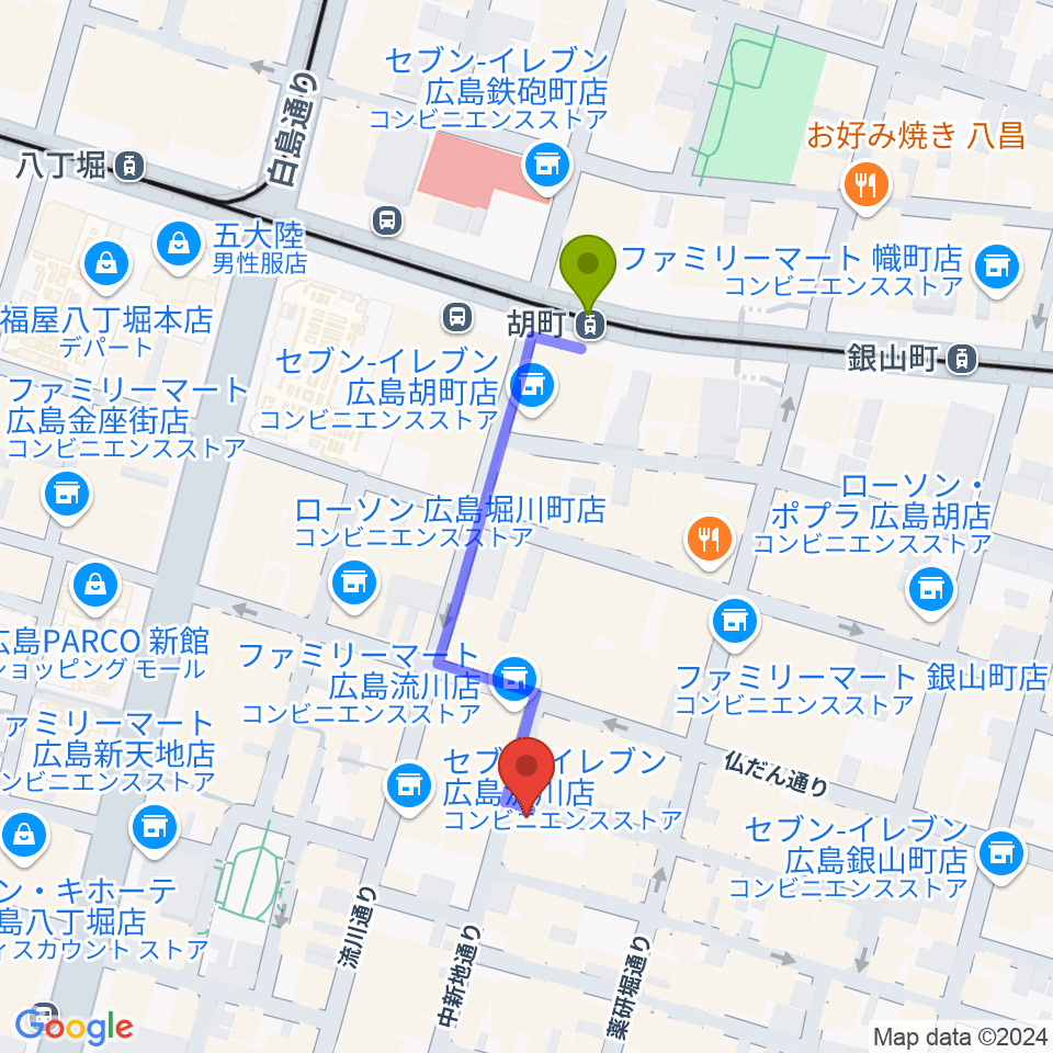 広島LIVE Cafe' Jiveの最寄駅胡町駅からの徒歩ルート（約4分）地図