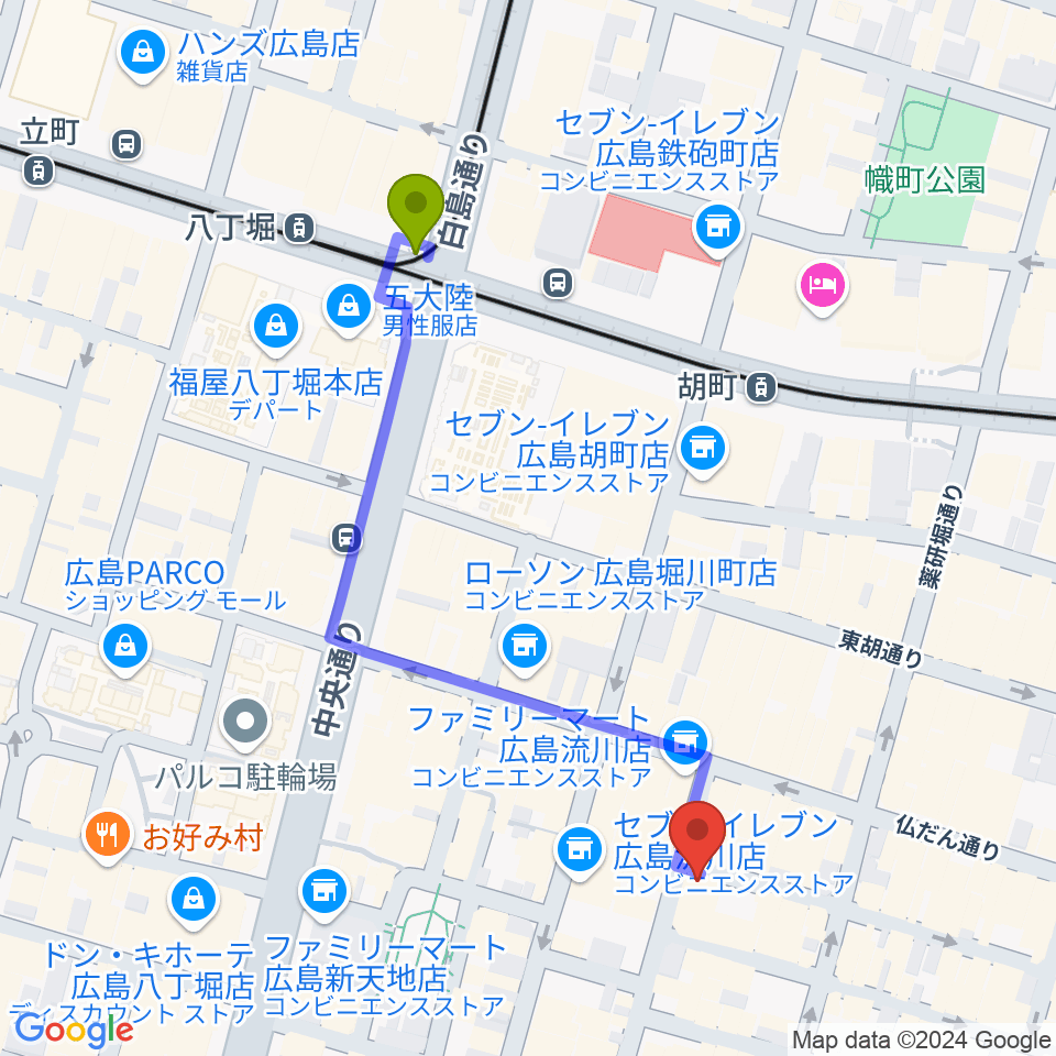 八丁堀駅から広島LIVE Cafe' Jiveへのルートマップ地図