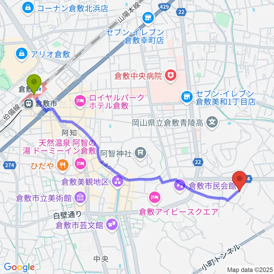 倉敷音楽舘の最寄駅倉敷駅からの徒歩ルート（約26分）地図