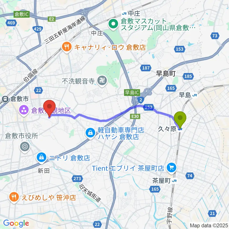 久々原駅から倉敷音楽舘へのルートマップ地図