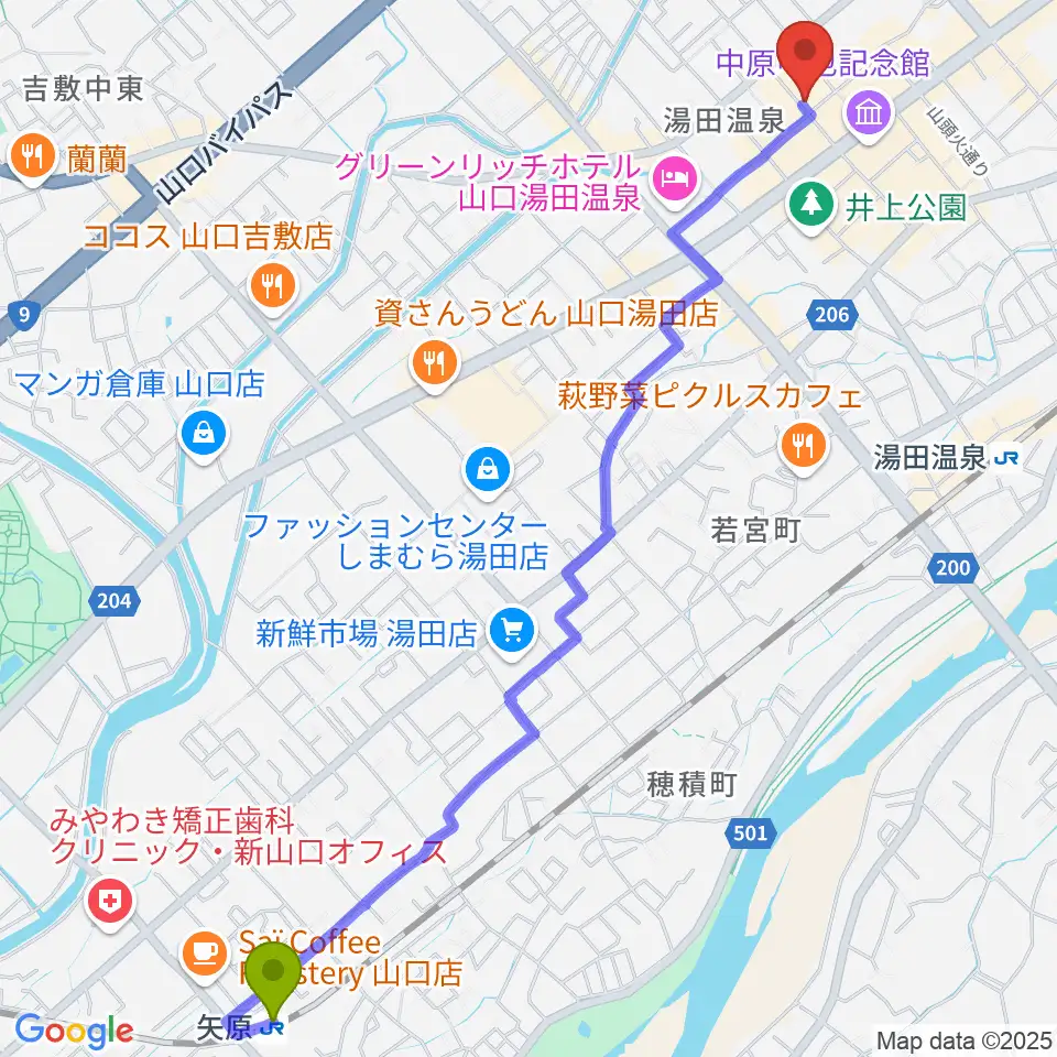 矢原駅からOrgan's Melodyへのルートマップ地図