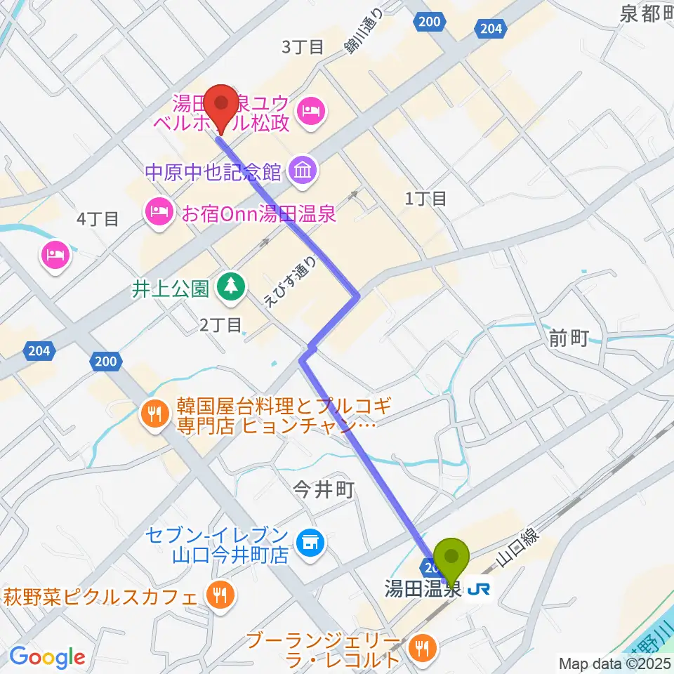 Organ's Melodyの最寄駅湯田温泉駅からの徒歩ルート（約12分）地図