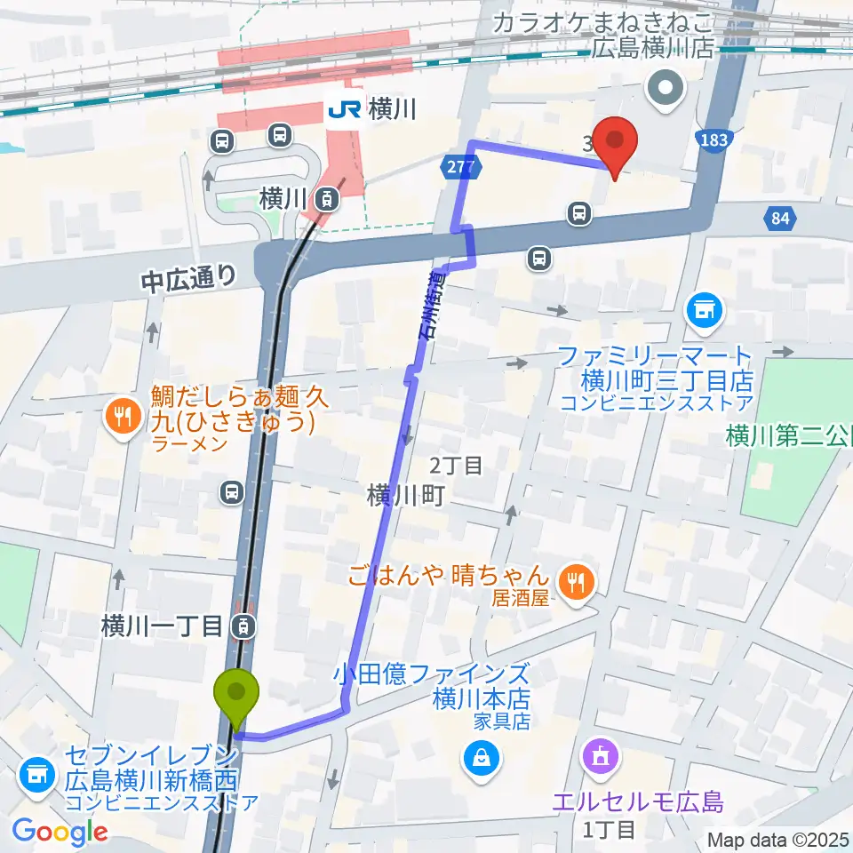 横川一丁目駅から横川アップルジャムへのルートマップ地図