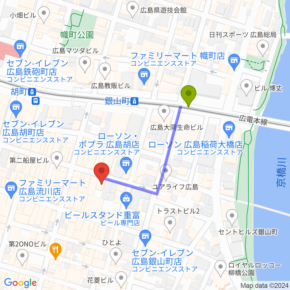 ピアノバー下本の最寄駅銀山町駅からの徒歩ルート（約3分）地図