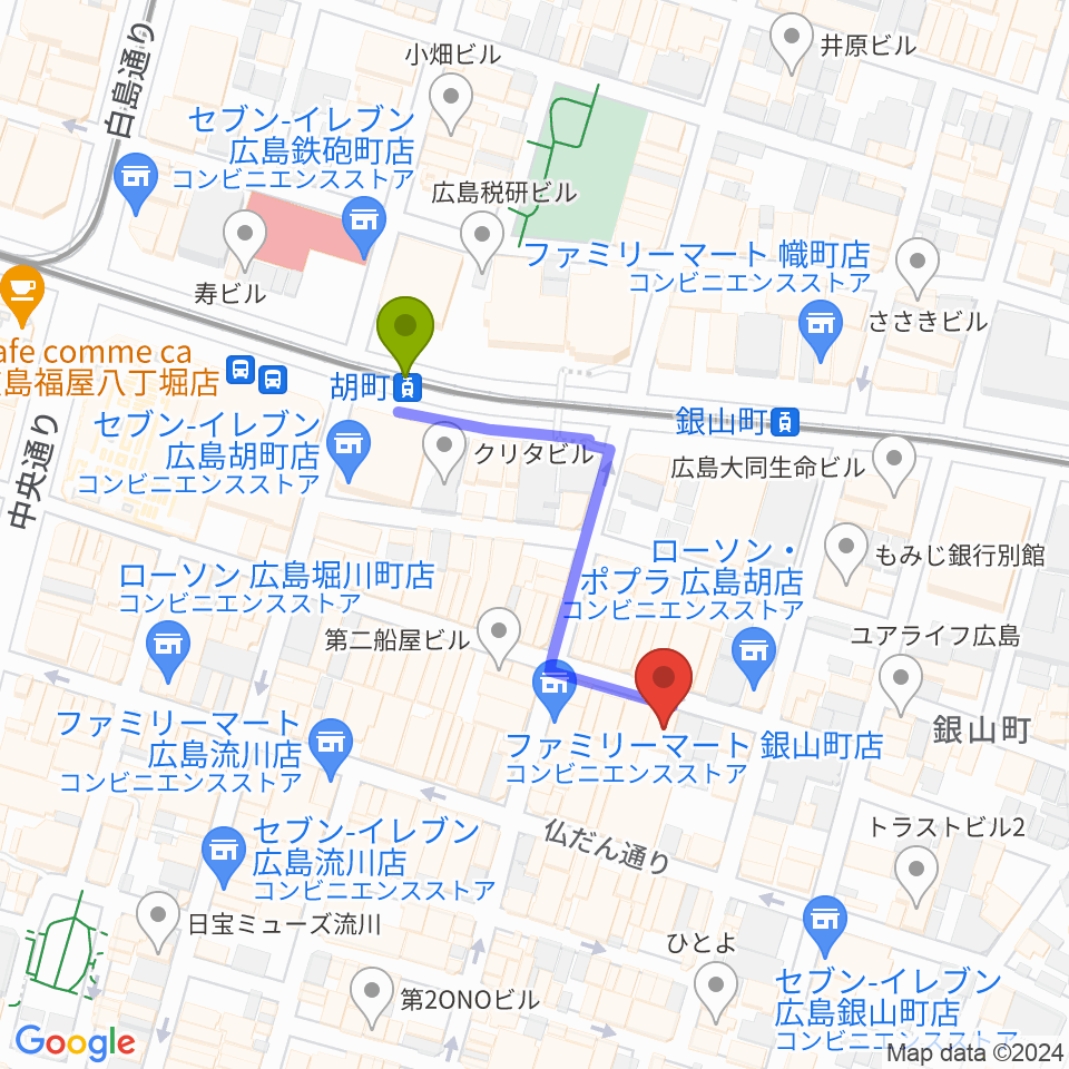 胡町駅からピアノバー下本へのルートマップ地図