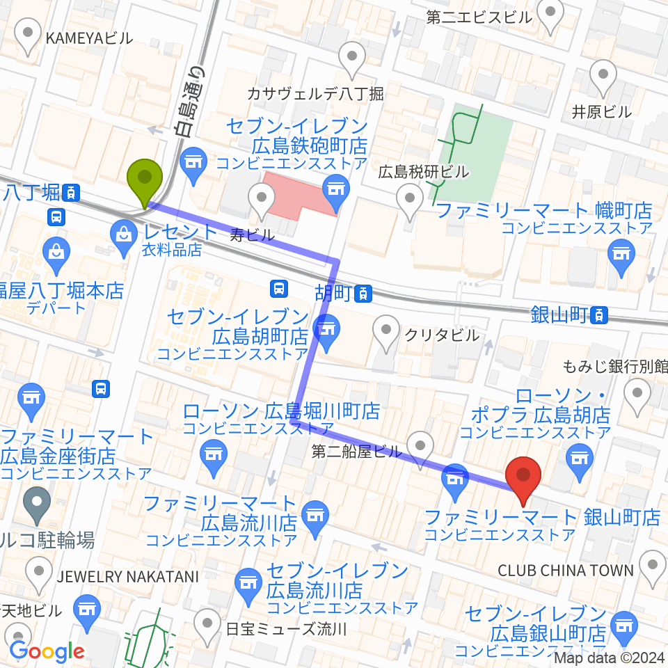八丁堀駅からピアノバー下本へのルートマップ地図