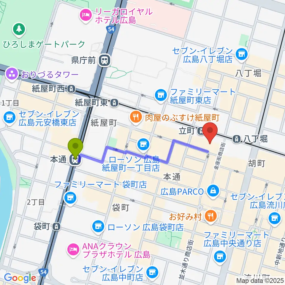 本通駅から広島4.14へのルートマップ地図