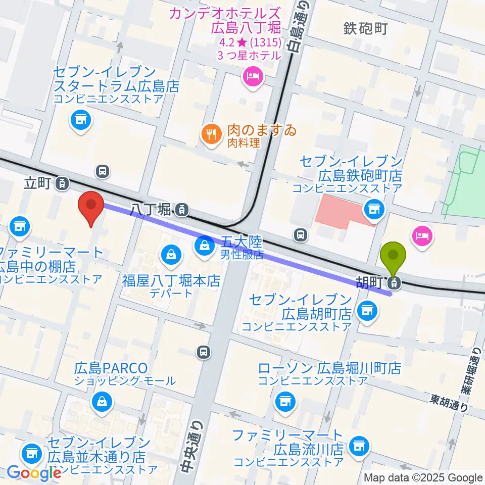 胡町駅から広島4.14へのルートマップ地図