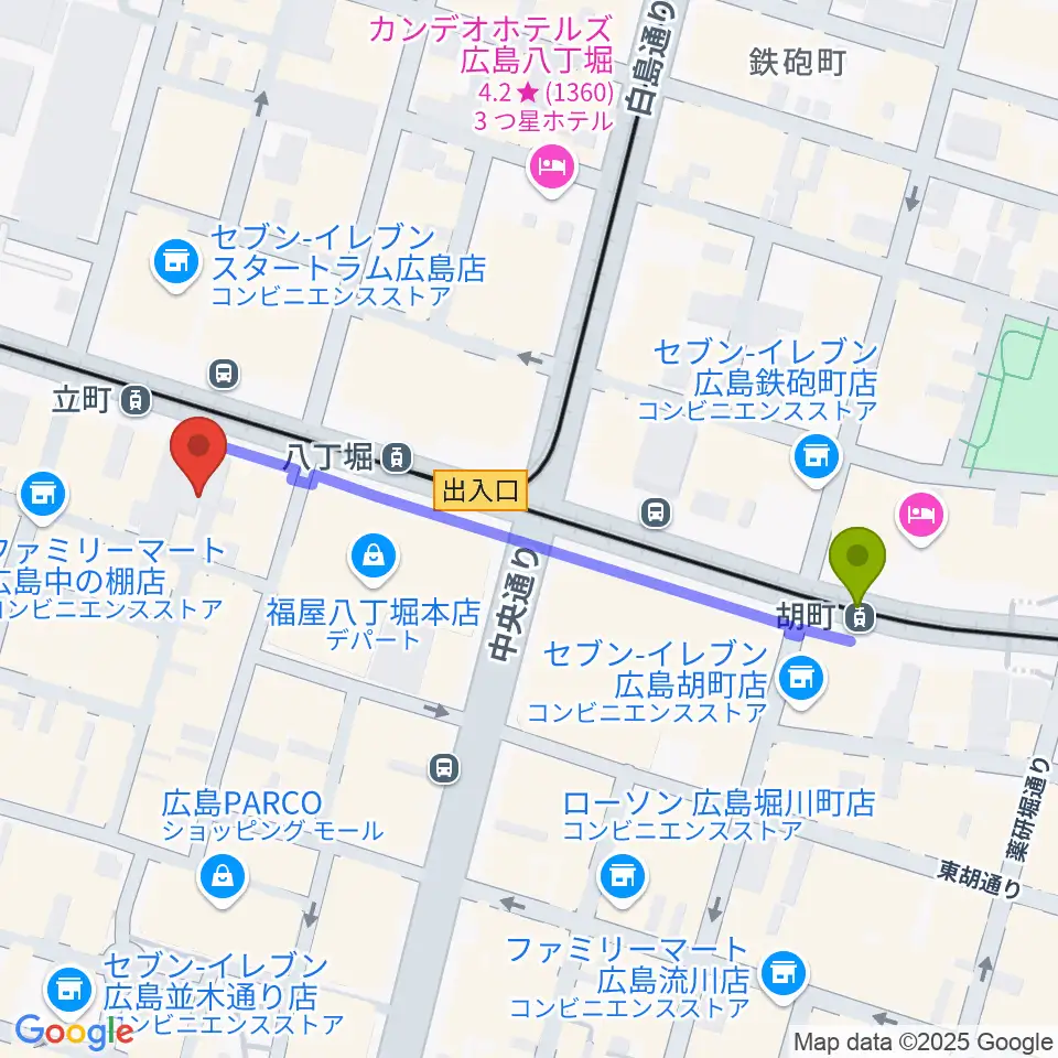 胡町駅から広島4.14へのルートマップ地図