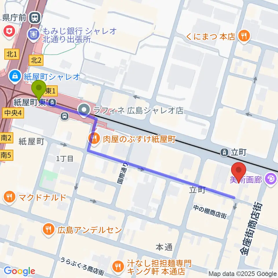 紙屋町東駅から広島4.14へのルートマップ地図