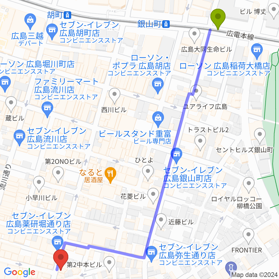 銀山町駅から広島Lush LIfeへのルートマップ地図