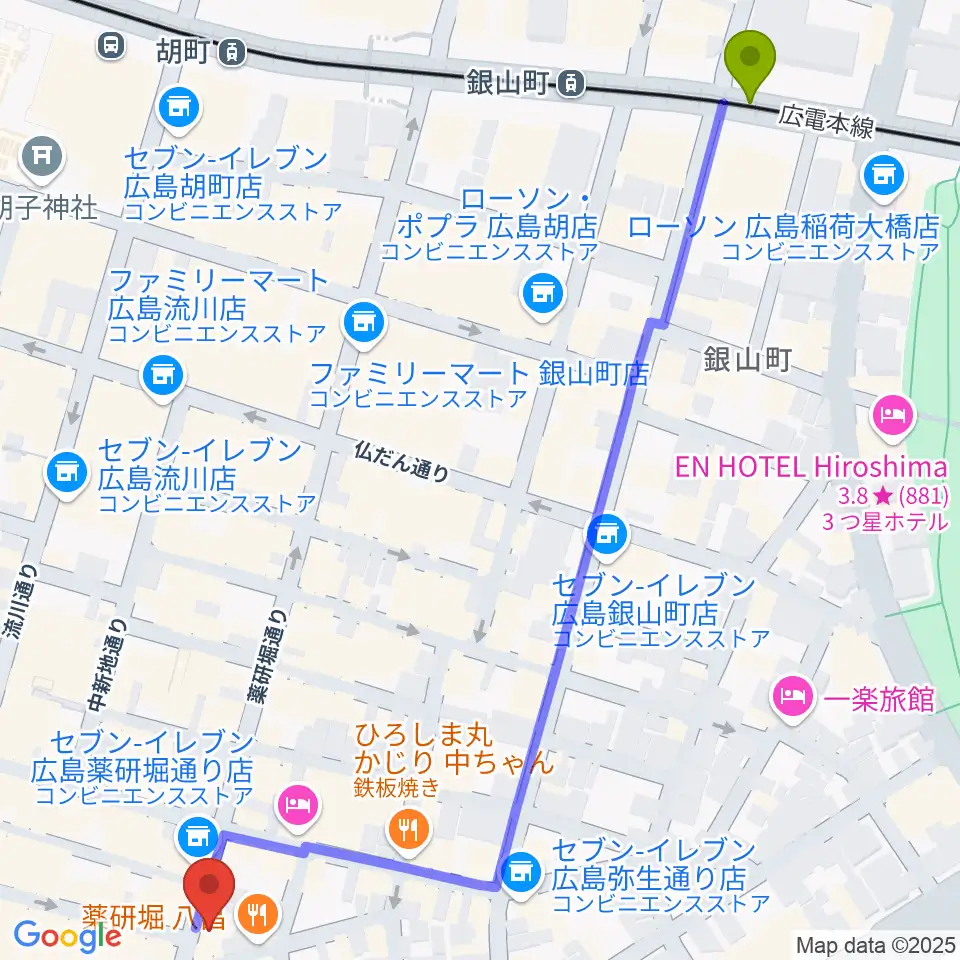 銀山町駅から広島Lush LIfeへのルートマップ地図