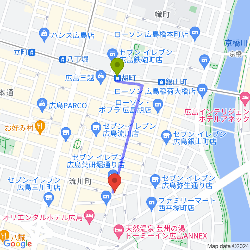 広島Lush LIfeの最寄駅胡町駅からの徒歩ルート（約7分）地図