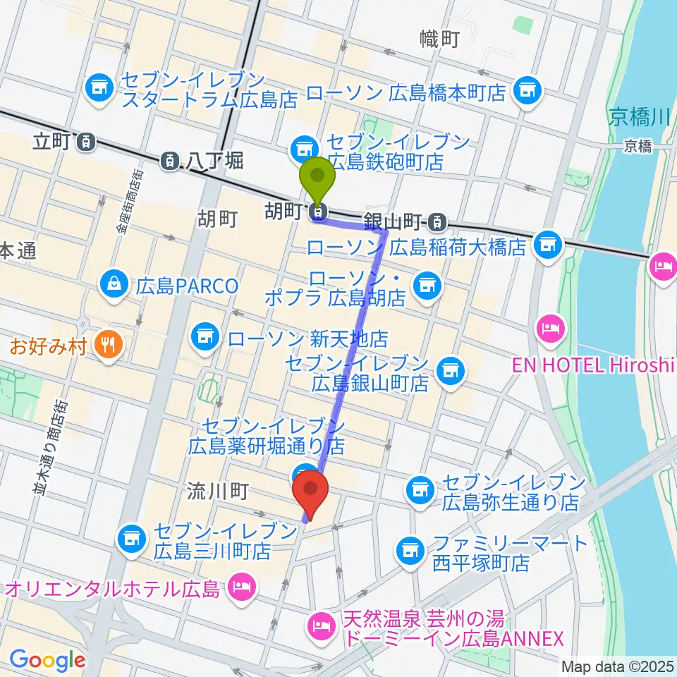 広島Lush LIfeの最寄駅胡町駅からの徒歩ルート（約7分）地図