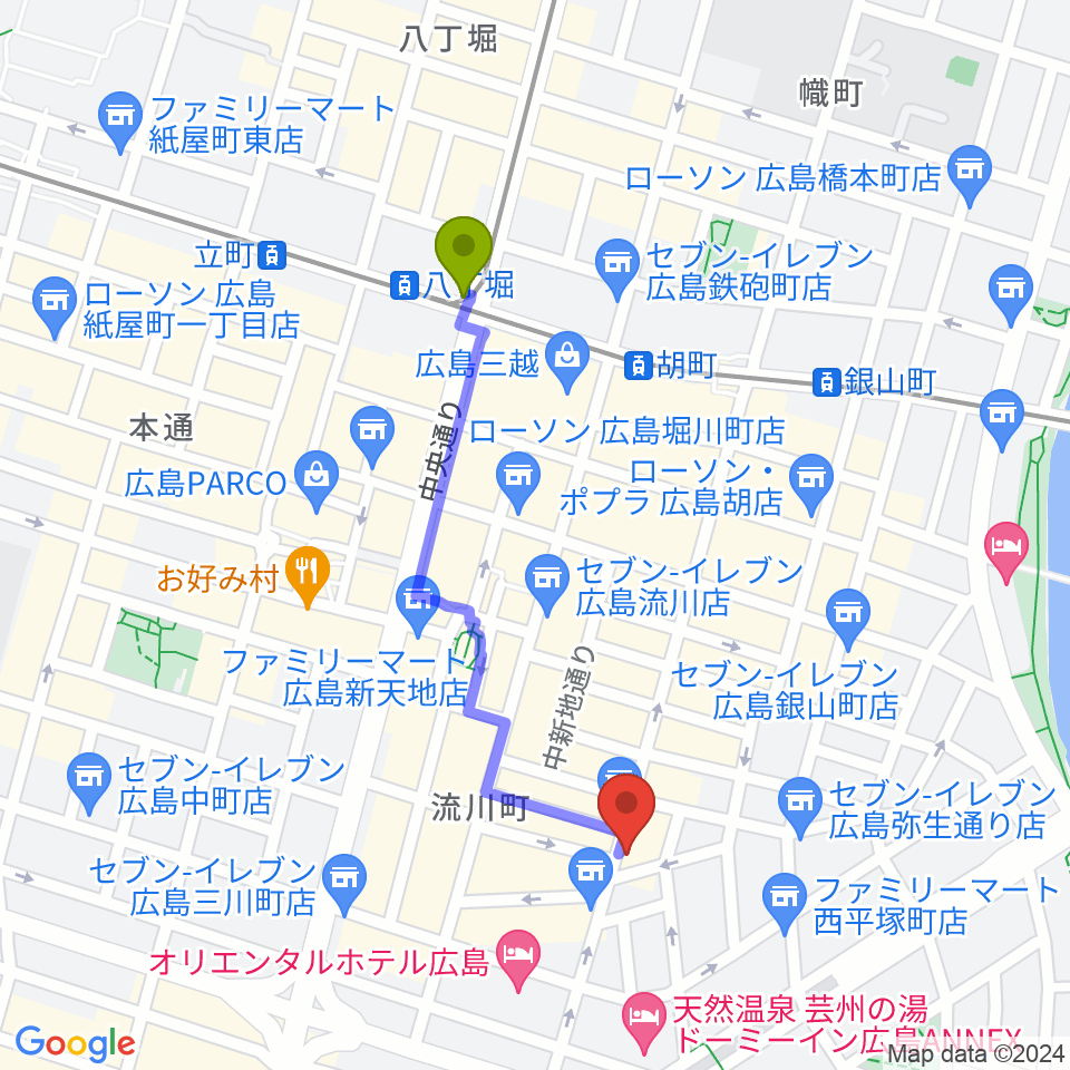 八丁堀駅から広島Lush LIfeへのルートマップ地図