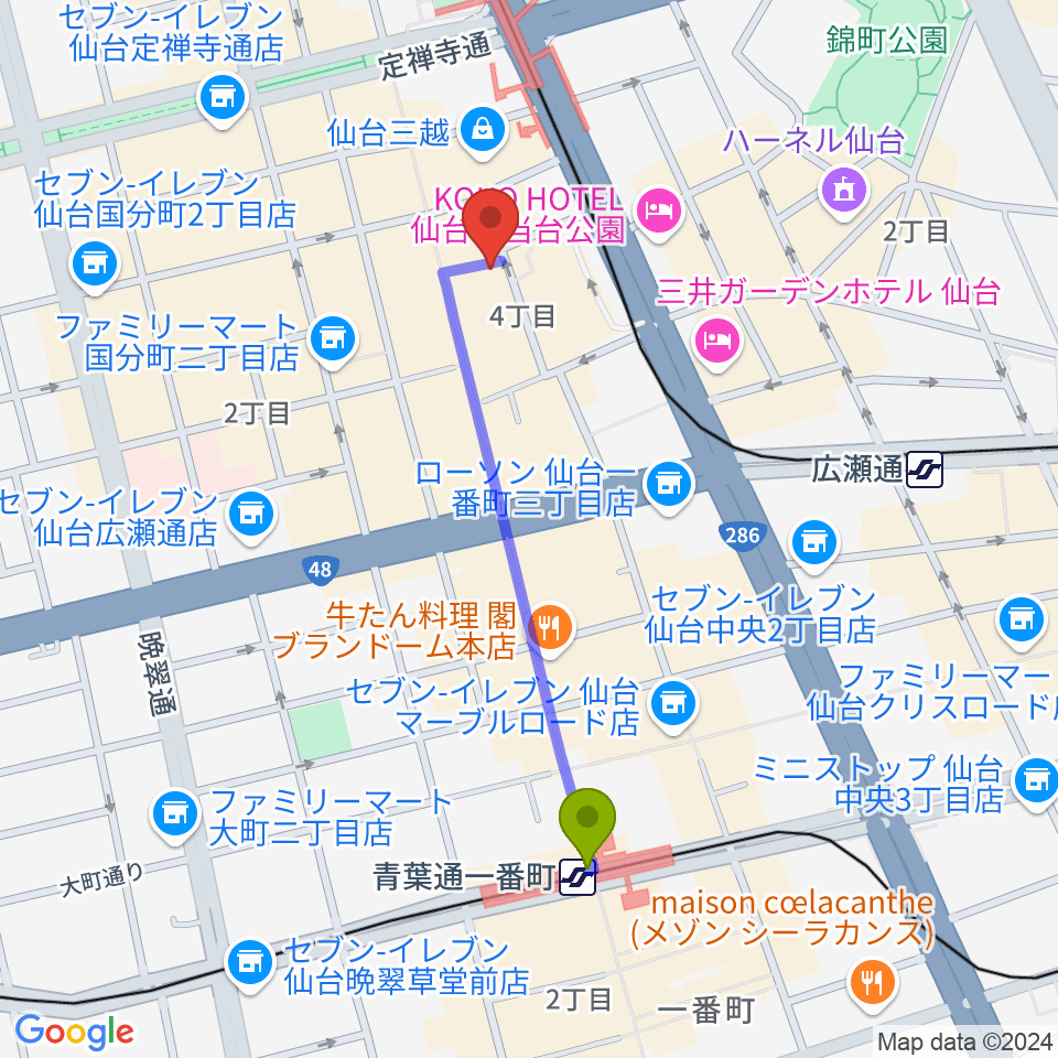 青葉通一番町駅から仙台KABOへのルートマップ地図