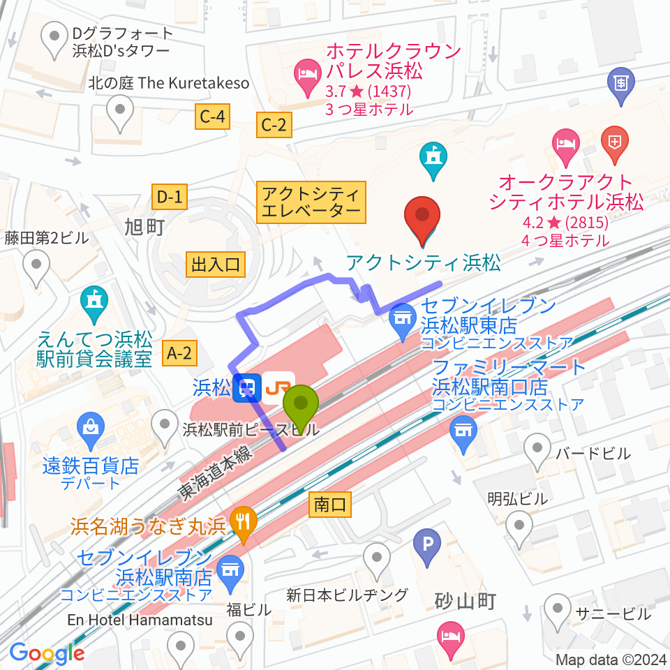 アクトシティ浜松の最寄駅浜松駅からの徒歩ルート（約3分）地図