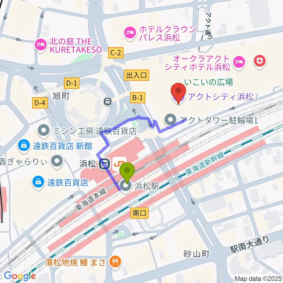 アクトシティ浜松の最寄駅浜松駅からの徒歩ルート（約3分）地図