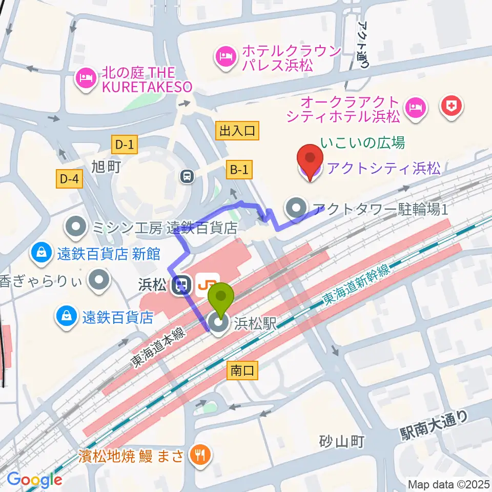 アクトシティ浜松の最寄駅浜松駅からの徒歩ルート（約3分）地図