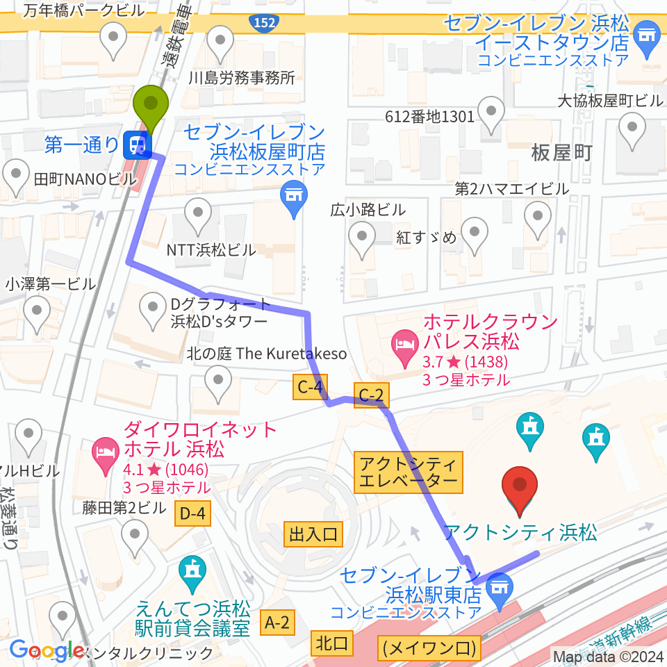 第一通り駅からアクトシティ浜松へのルートマップ地図
