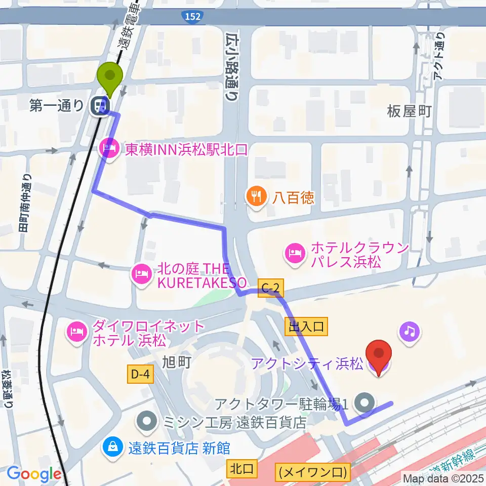 第一通り駅からアクトシティ浜松へのルートマップ地図