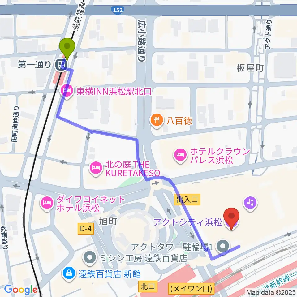 第一通り駅からアクトシティ浜松へのルートマップ地図
